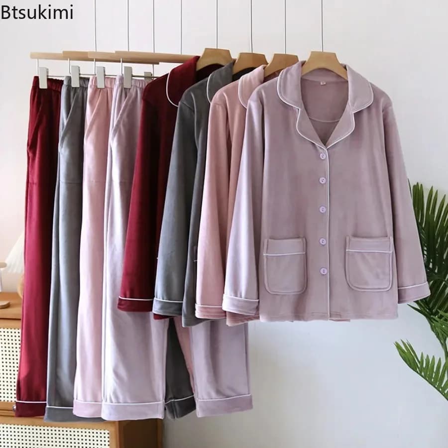 2026 Winter Pajamas Flannel Thick Warm Long Sleeve Lounge Set Women Nightwear Pyjama Set Nighties for Womens Sleeping Clothes