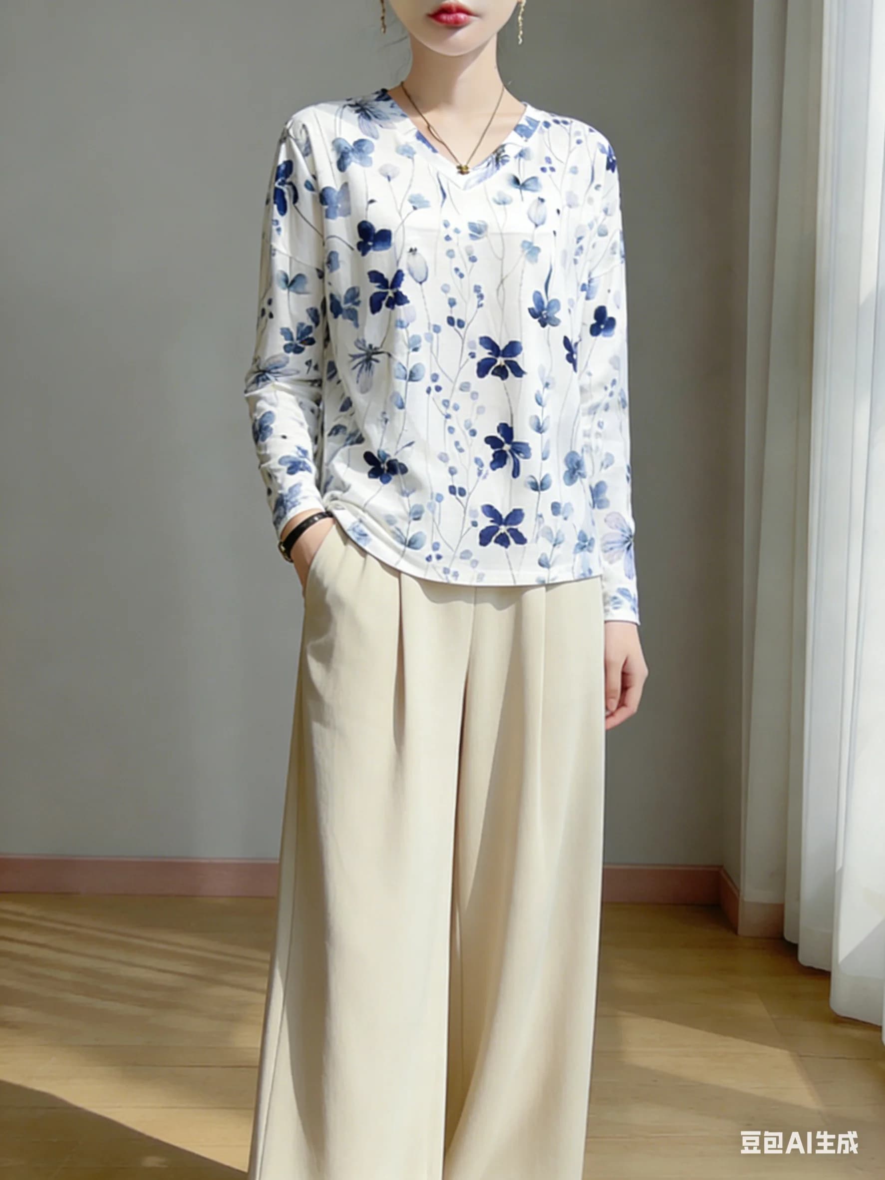 T-shirt da donna primavera estate bianca blu con stampa floreale acquerello scollo a V manica lunga oversize comoda fresca casual da tutti i giorni
