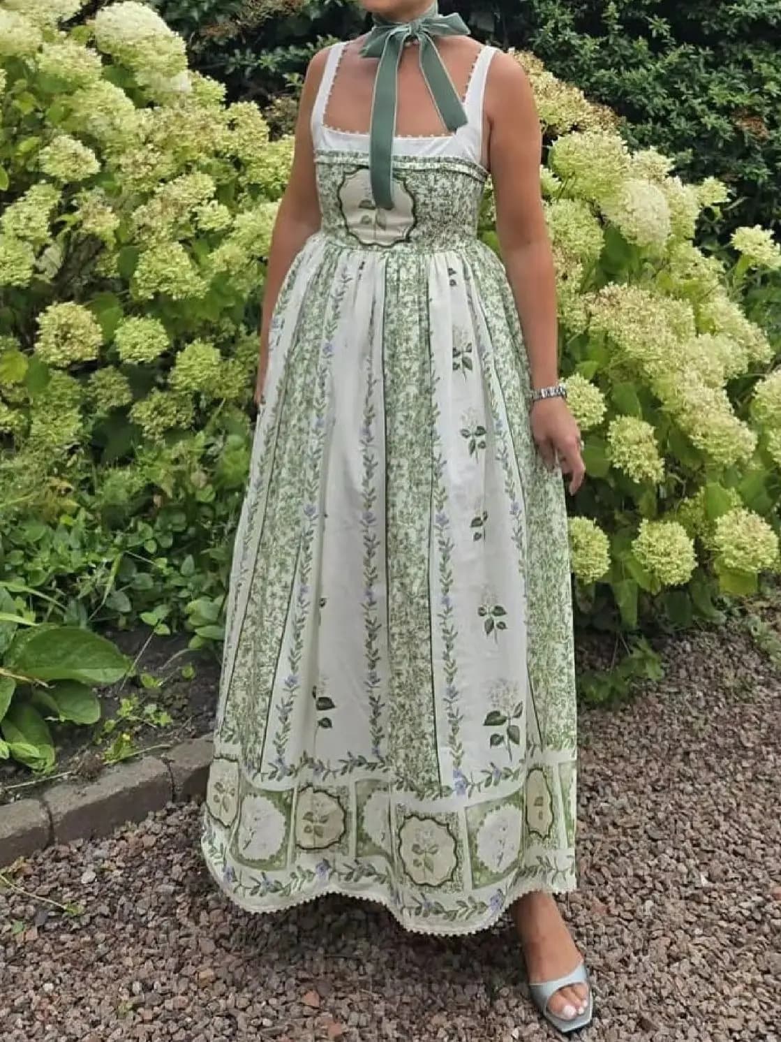 2026 Women Green Flower Printed Robe Pearl Square Collar Sleeveless High Waist Elegant Ladies Cotton Maxi Dress