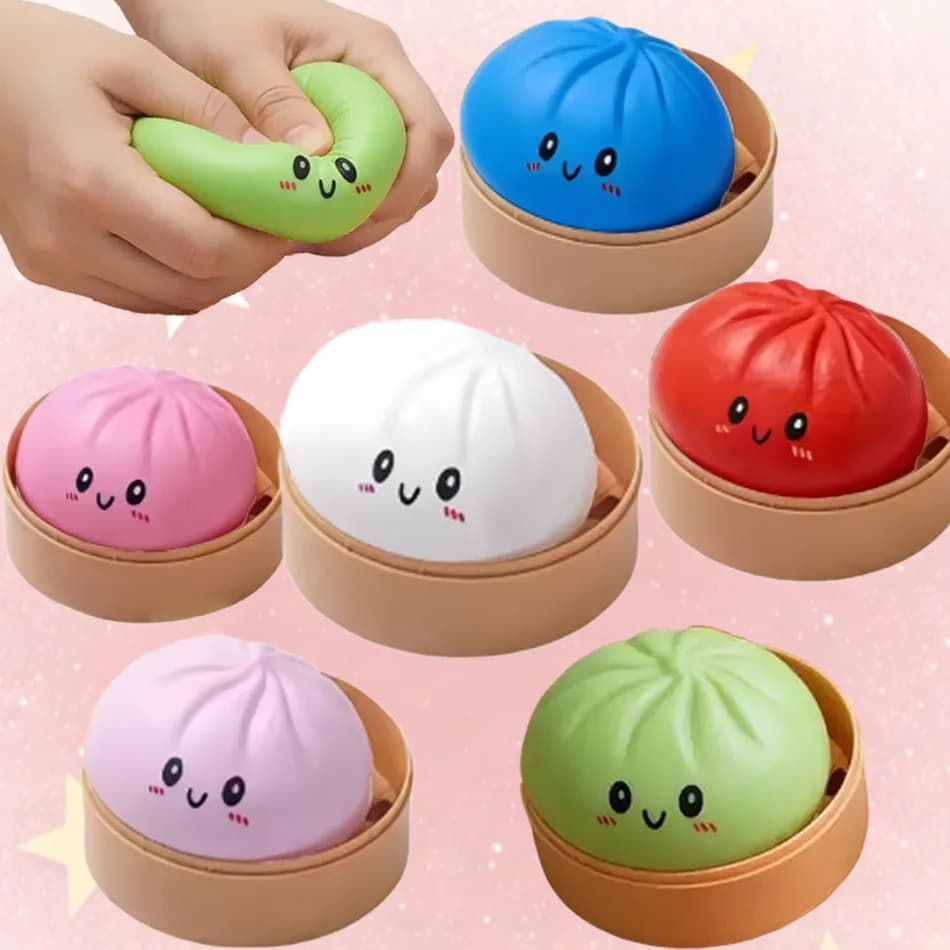 Large Dumpling Stress Ball with Steamer - Colorful Squishy Bun Sensory Toy for Anxiety Relief Squeeze Dough Ball for Adults & Ki