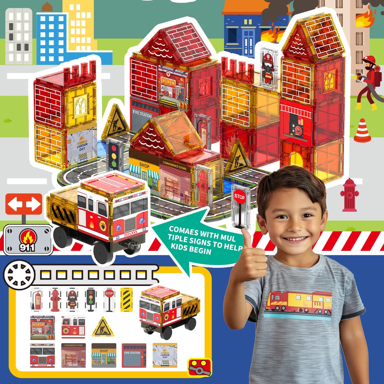 Tema della sicurezza antincendio per bambini Piastrelle magnetiche Set stradale Stazione di servizio Piastrelle magnetiche Scena Giocattoli da costruzione Regalo di compleanno