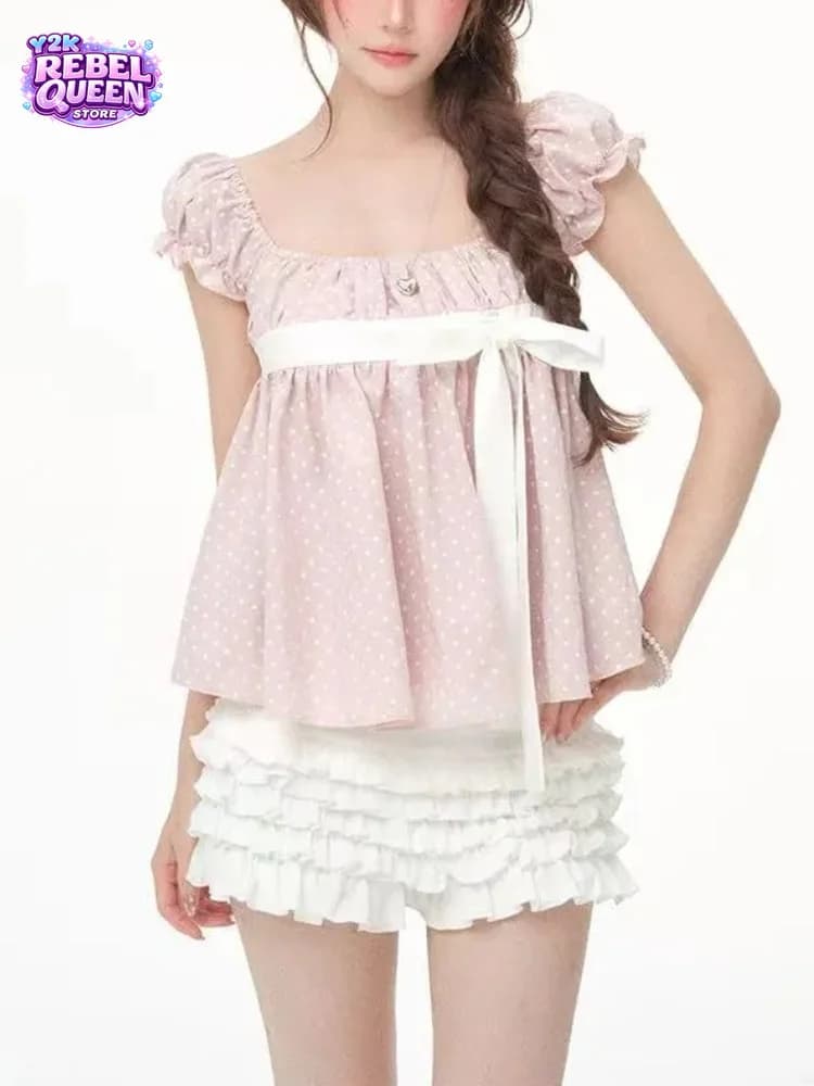 Korean Y2K Coquette Sweet Women 2 Piece Set Polka Dot Puff Sleeve Bow Crop Top + Layered Ruffle Shorts Casual Party Outfit 2026