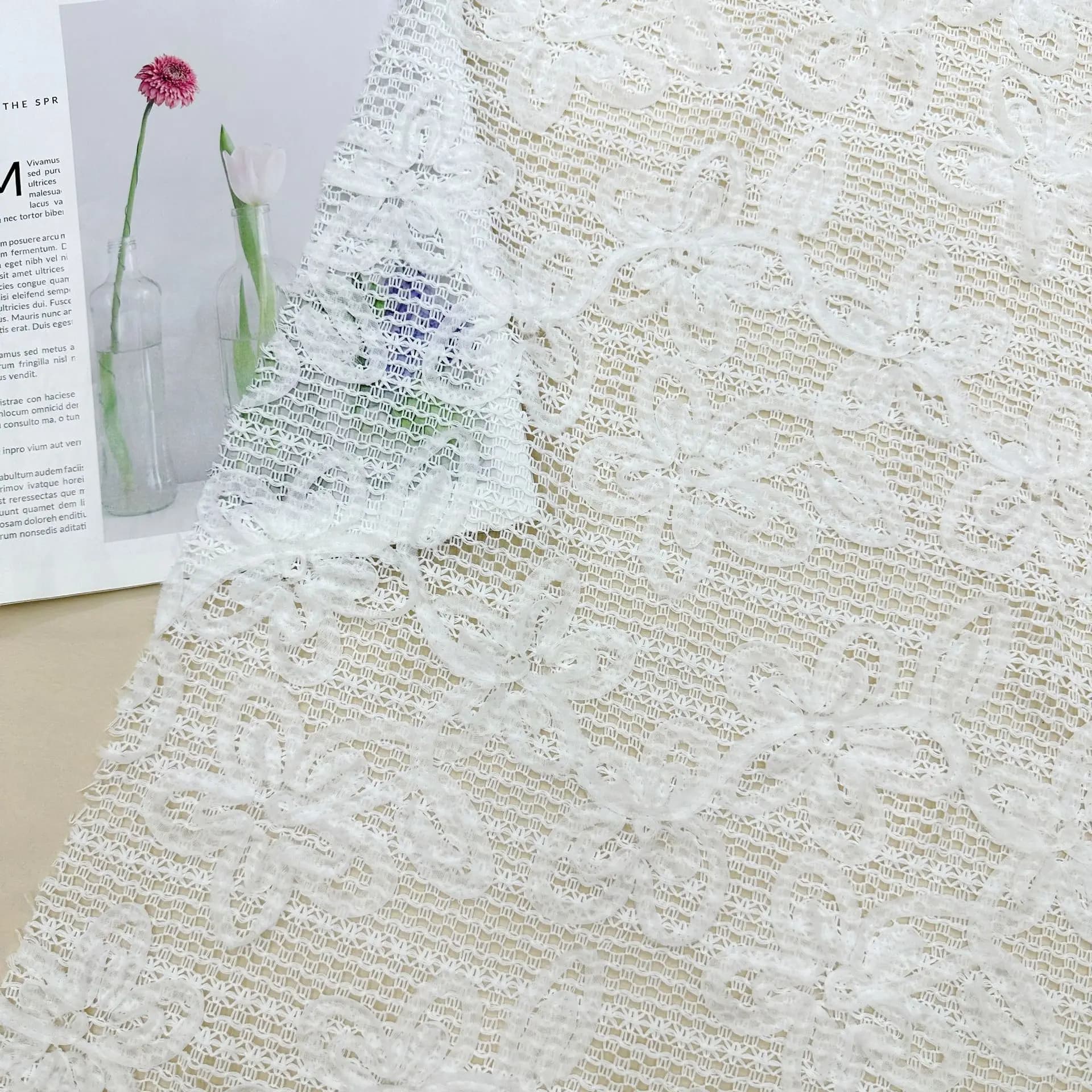 Floral Hollow Out Lace Mesh Fabric 3D Flower Embroidery Fabric French Style for Women Dress Evening Gown Sewing DIY Material