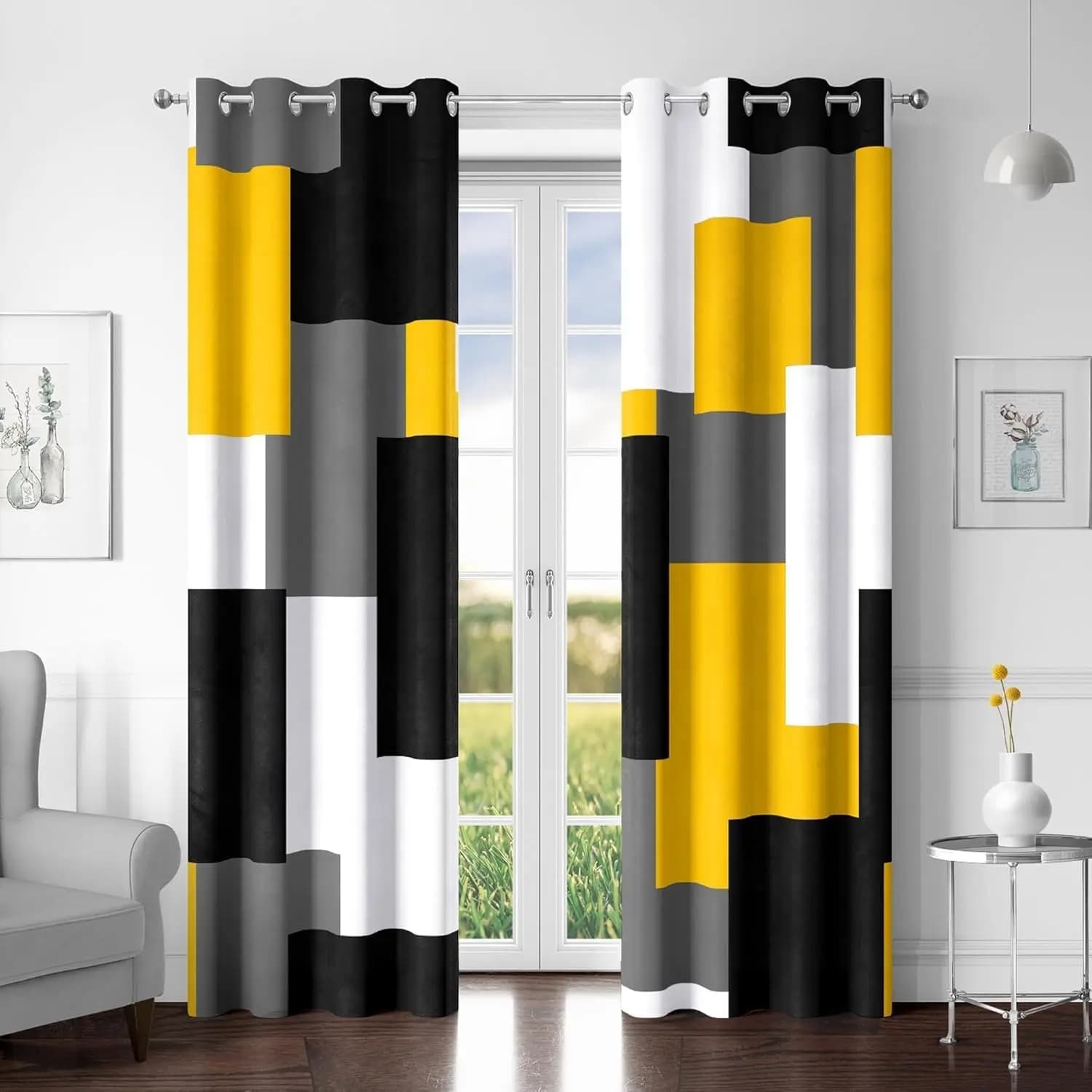 Dark Curtains Geometric Yellow Senape, 52Lx84L, Set of 2 Bedroom Panels and Living Room
