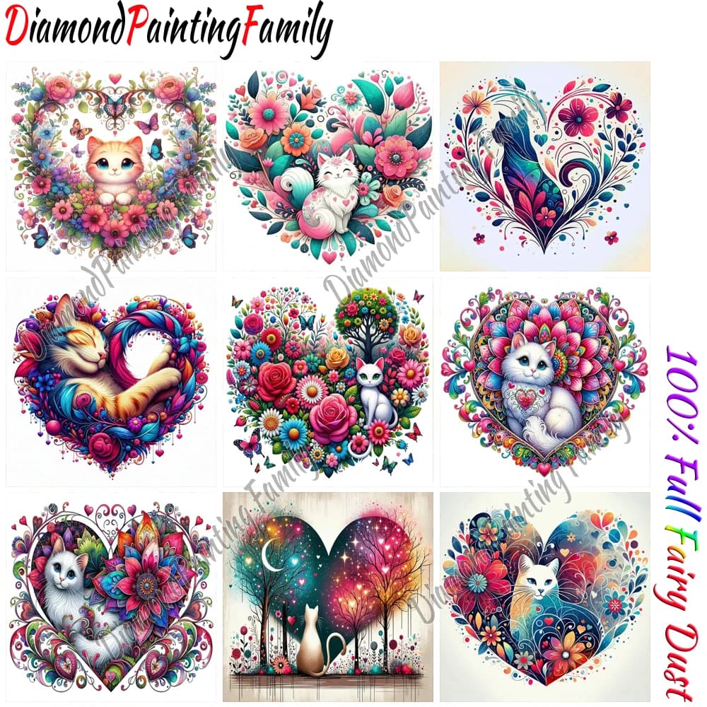 Diamond Painting Family Full Fairy Dust Diamond Art Cute Heart Cats Crystal Resin Mosaic Painting Kit AB Drill Cross Stitch Set