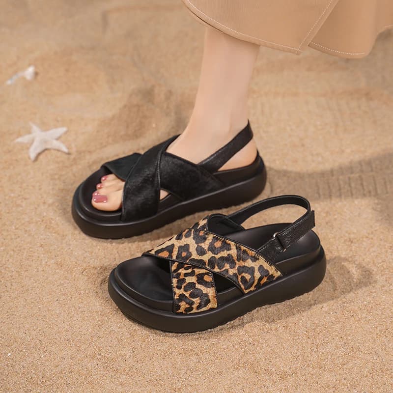 Sandali Donna Estivi con Punta Aperta in Pelo di Pony, Sandali Casual con Plateau e Strappi Incrociati, Sandali Romani con Aumento Altezza e Chiusura in Velcro