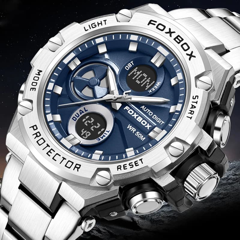 FOXBOX Orologio da uomo d'affari luminoso con doppio display Orologio da polso da uomo digitale al quarzo impermeabile 5ATM Orologio sportivo da uomo in acciaio inossidabile