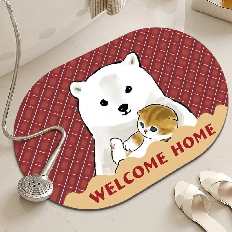 VIKAMA Three Bathing Kittens Oval Bath Mat Non Slip Washable Absorbent Floor Rug Cartoon Cute Cat Bathroom Entryway Decor Mat