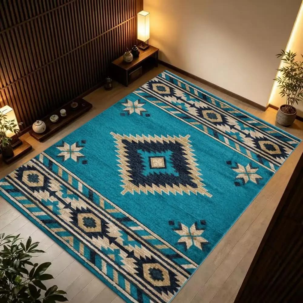 Southwestern Aztec Tribal Geometric Area Rug Turquoise Blue Bohemian Carpet Living Room Home Decor