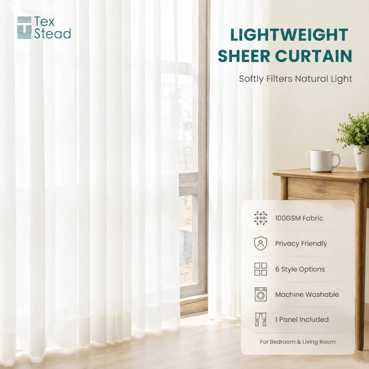 Versatile 100GSM White Sheer Curtain Panel for Privacy & Light Filtering, 6 Stylish Options for Bedrooms & Living Rooms.