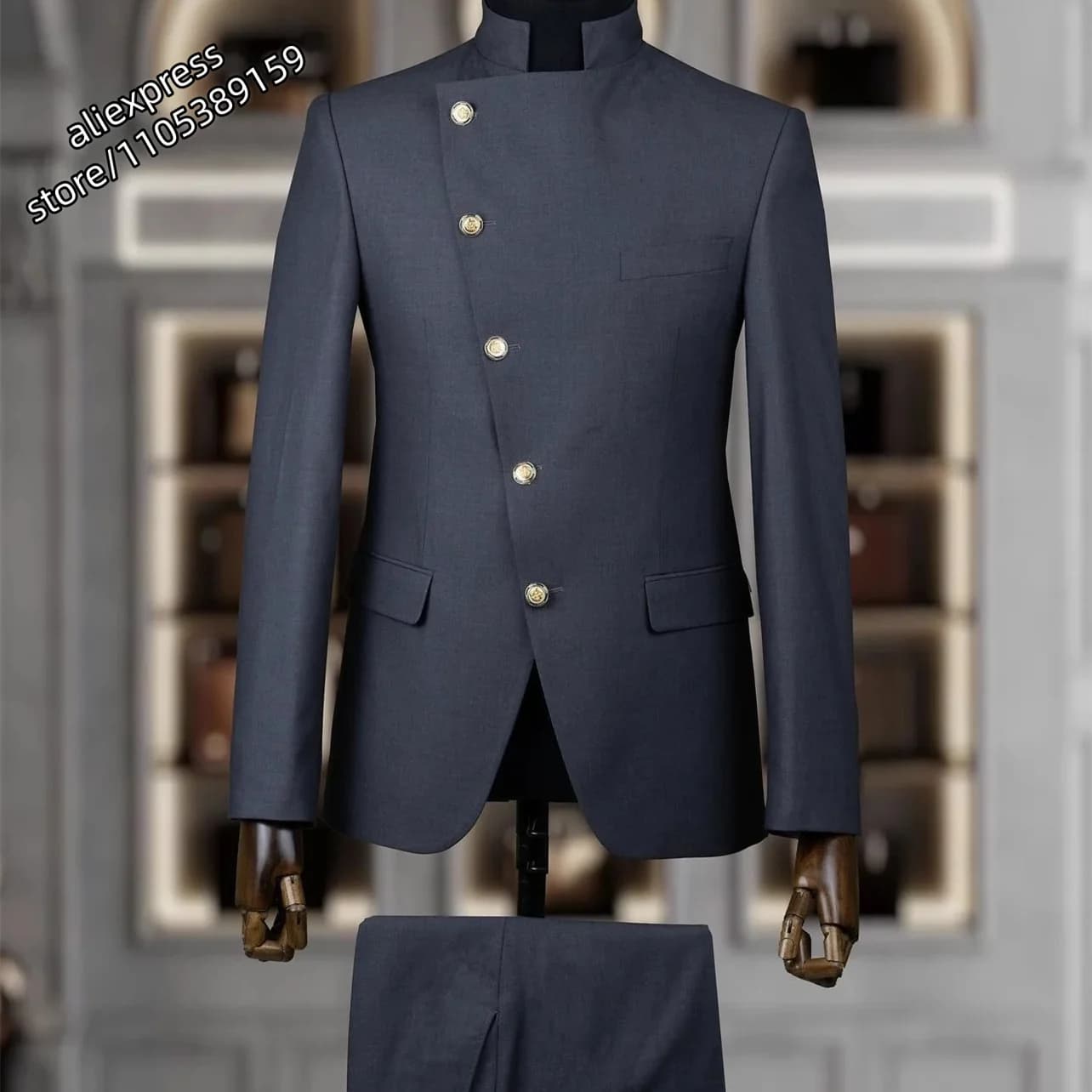Completo da Uomo Slim Fit 2 Pezzi 2026 - Blazer e Pantaloni Stile Indiano con Colletto Rialzato e Abbottonatura Obliqua per Matrimonio