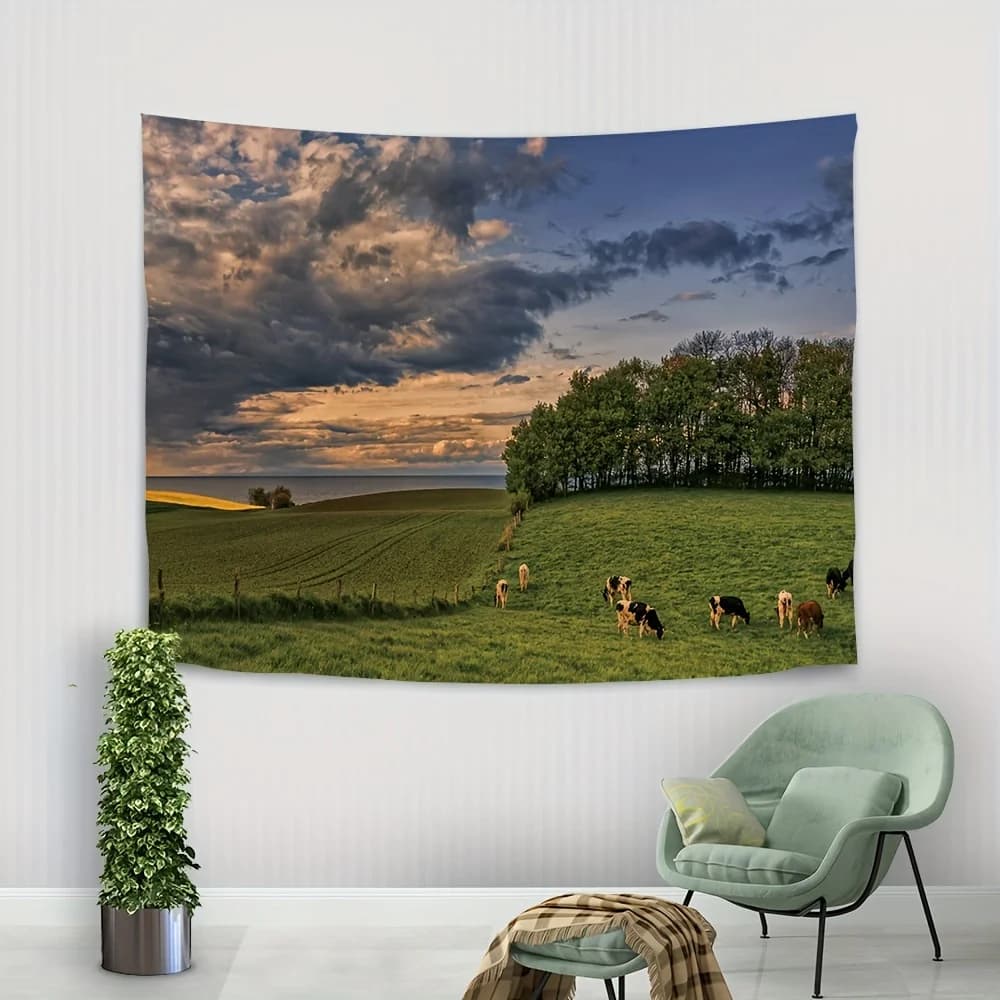 1pc Pastoral Tapestry Clouds and Meadows Living Room Sofa Backdrop Wall Rustic Style Room Warm Home Decor