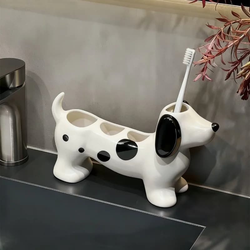 2PCS Cute Sausage Dog Ceramic Toothpaste Toothbrush Holder Decorative Bathroom Counter Storage Rack