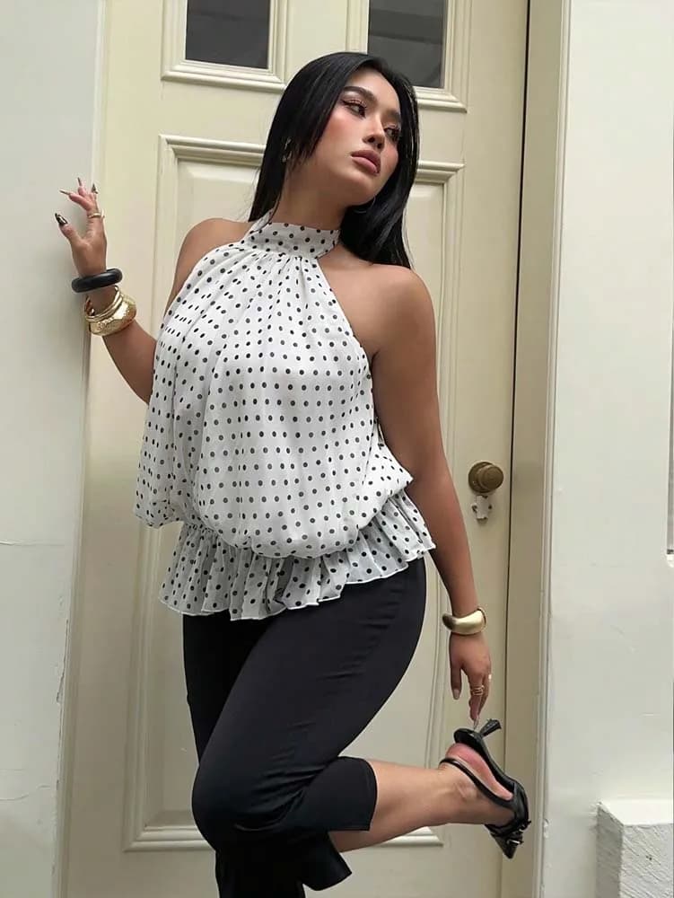 Plus Size 2026 Summer New Arrival: Women's Chiffon Polka Dot Sleeveless Halter Neck Sexy Blouse – Street Style Outfit