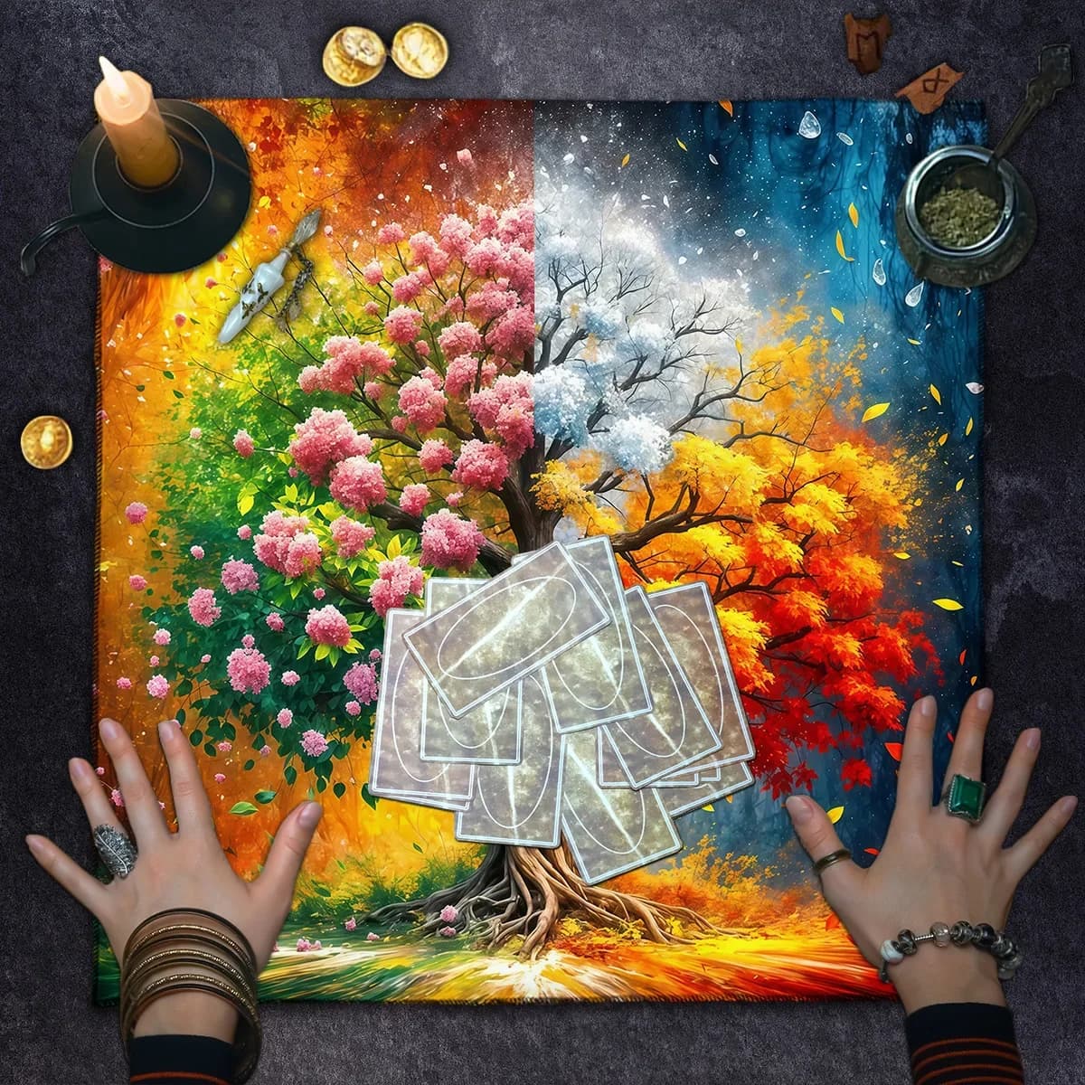 The Four Seasons Tarocchi Albero della vita Tovaglia per carte Altare Panno Pendolo pagano Stregoneria Astrologia Tappetino per carte per la decorazione della casa