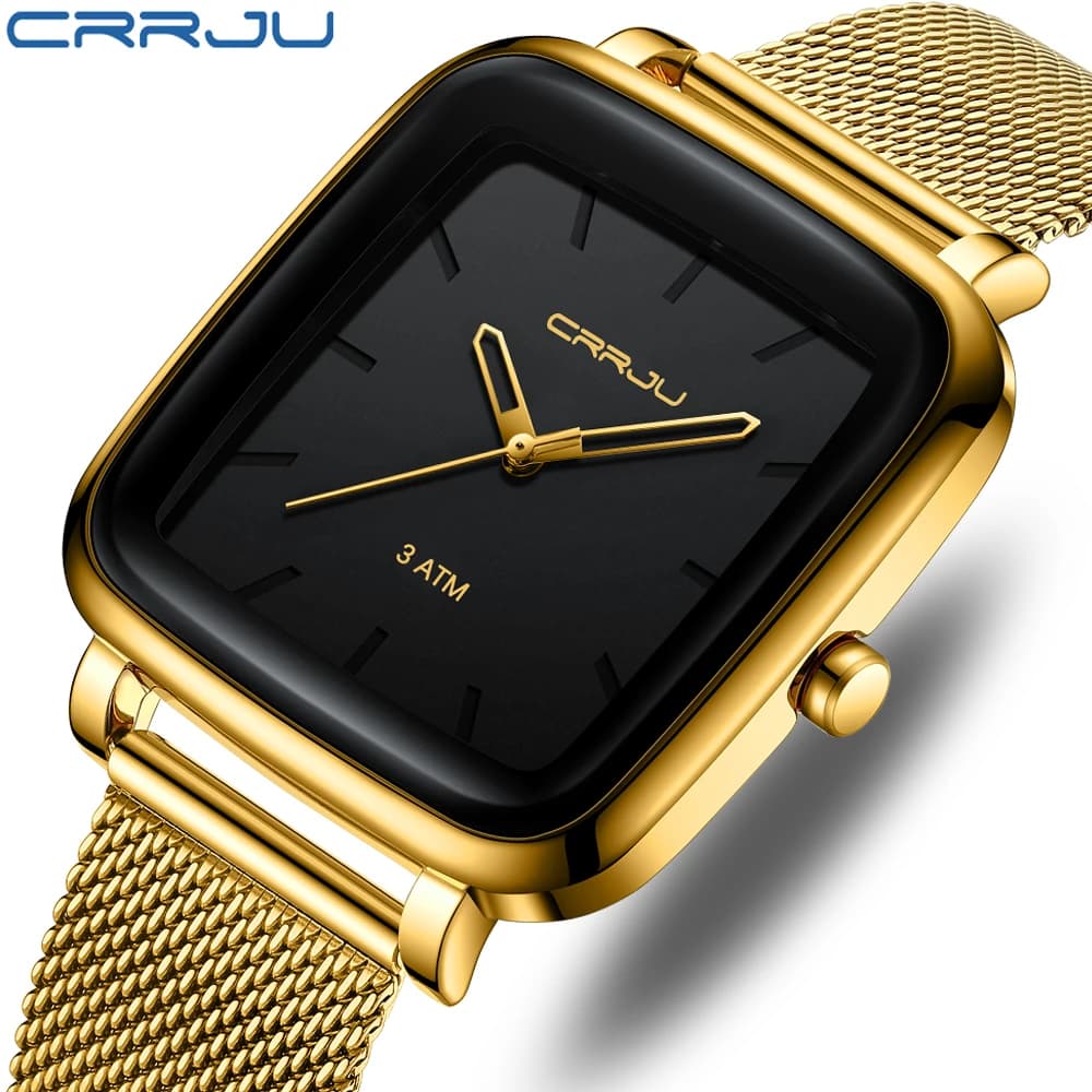 CRRJU Men's Watches Top Brand Luxury Golden Quartz Square Casual Mesh Steel Casual Watch Relogio Masculine