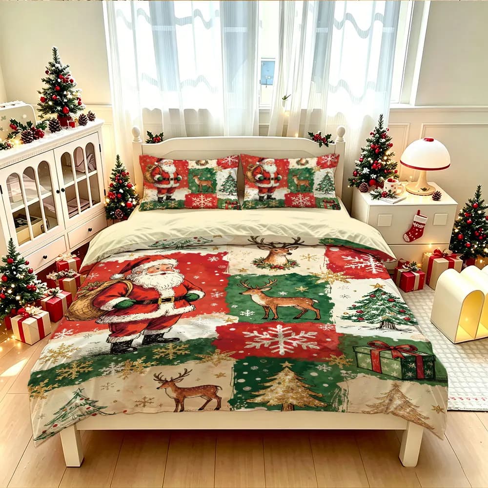 Duvet Cover Set 3PCS Santa Claus Reindeer Christmas Tree Snowflake Plaid Bedding Set Soft Fabric Home Decor for Bedroom