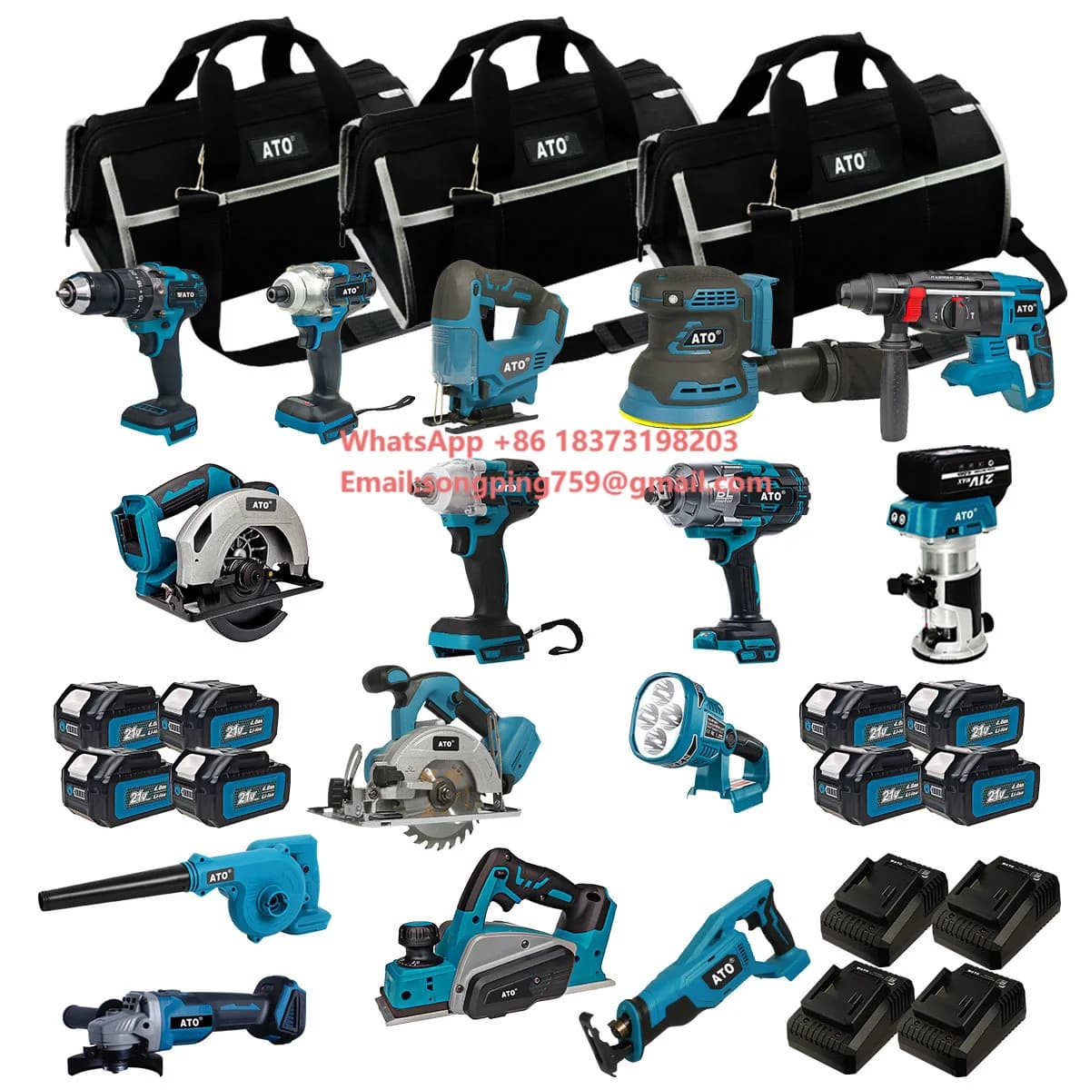 Set di Utensili Elettrici ATO 15 Pezzi, Trapano Senza Spazzole e Senza Fili, Martello Elettrico, Smerigliatrice Angolare, Kit Combo 21V