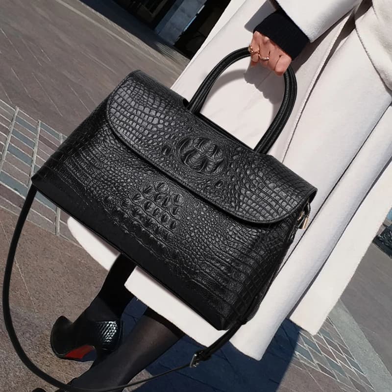New Embossed Crocodile Cowhide Tote Bag Women Flap Top Handle Handbag Adjustable Crossbody Daily Shoulder Purse
