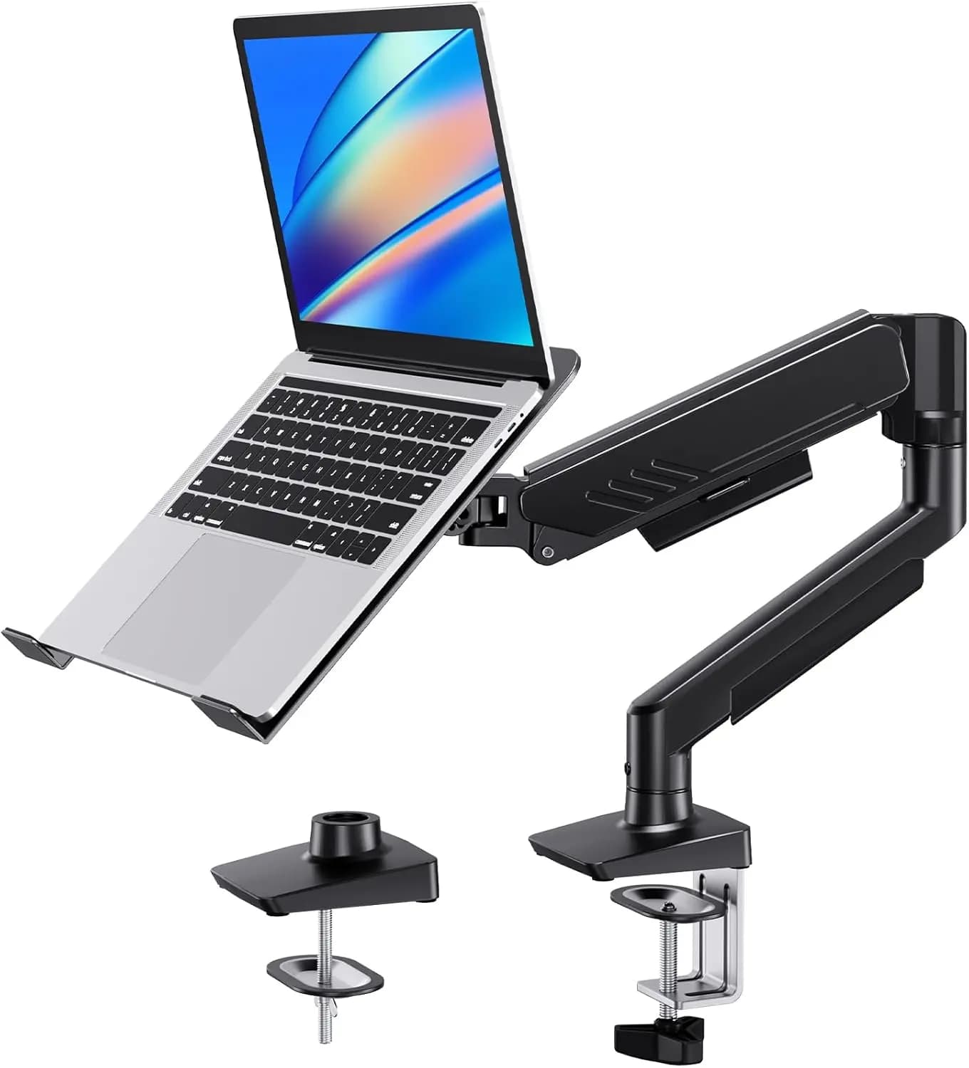 2 in 1 Laptop Monitor Mount with Tray, Fits 13-34" Monitors & Up to 17" Notebook, Full Motion Ergonomic Desk Stand, VESA 75x100mm