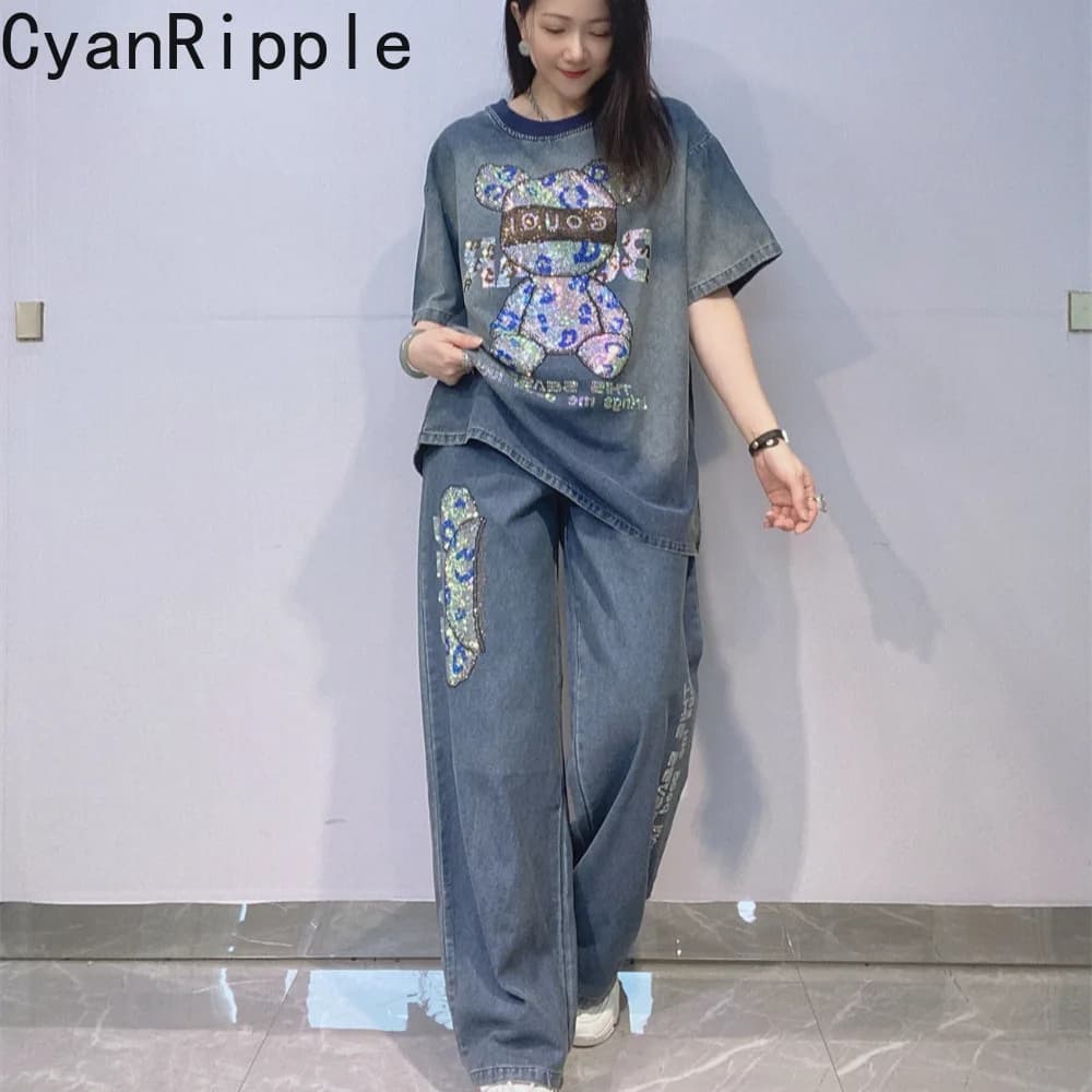 Trendy New Summer Women Two-piece Set Cartoon Hot Diamonds Loose Denim Short Sleeve T-shirt Top + Elastic Waist Wide Leg Pants