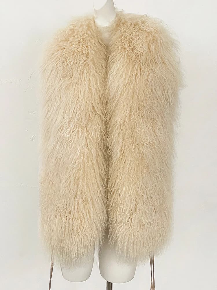 Cappotto capispalla da donna Solido profondo scollo a V Fasciatura senza schienale Giacche senza maniche Soffici gilet di lusso in vera pelliccia mongola