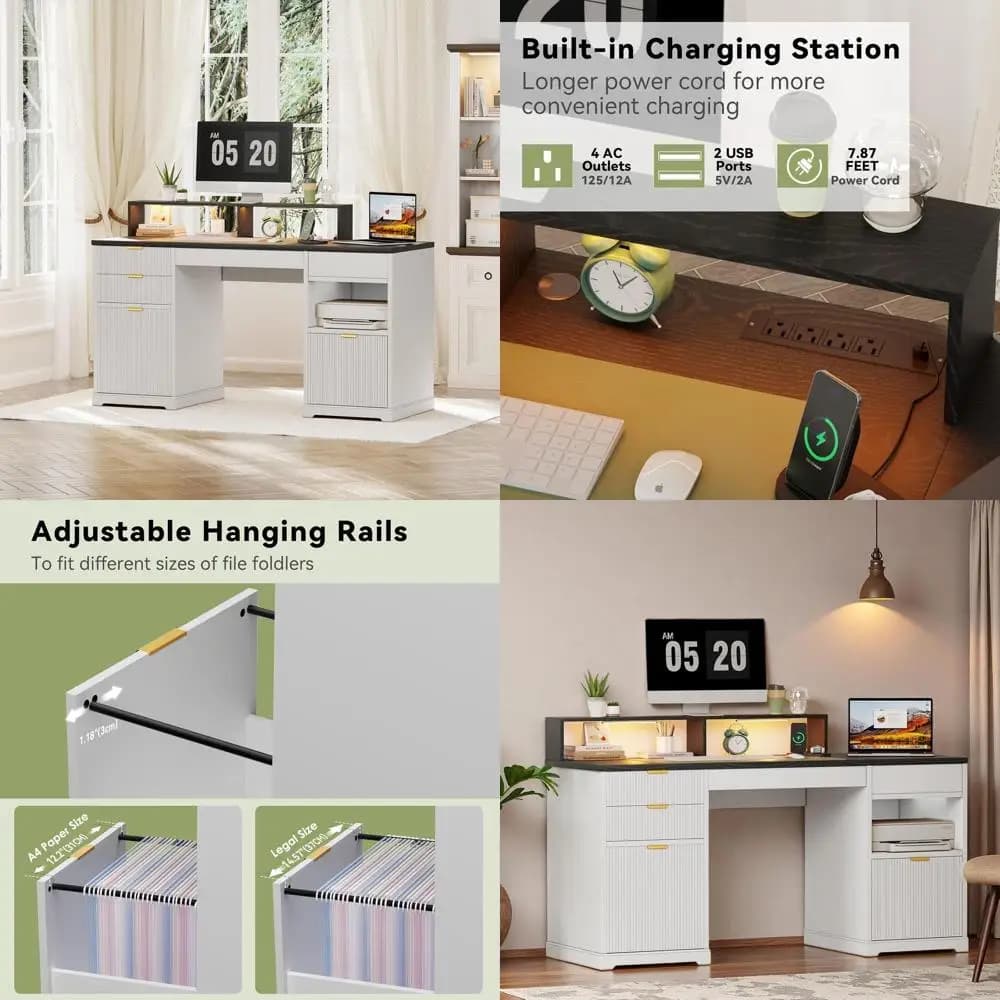 Scrivania Direzionale Bianca 63 per Ufficio Domestico con Piano Illuminato, Armadietto Portadocumenti, Postazione Gaming, Porte di Ricarica, Illuminazione a Sensore e M