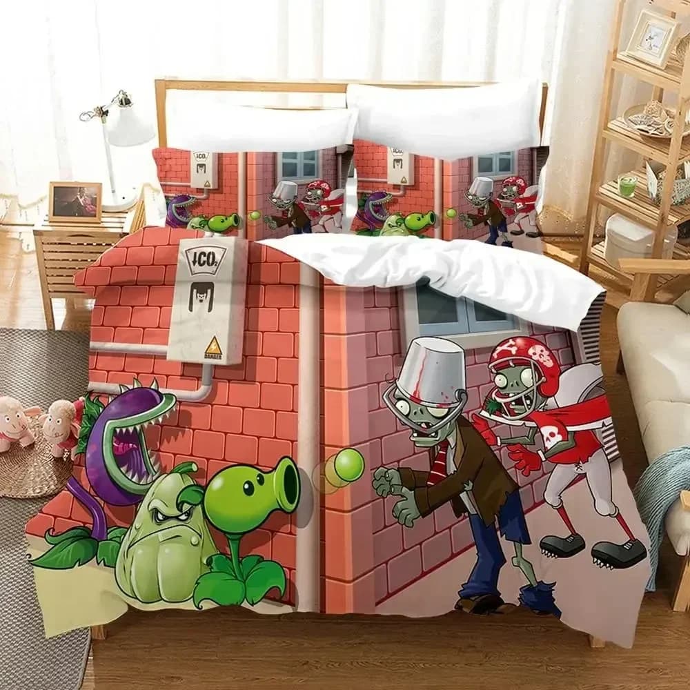 Set di Biancheria da Letto con Motivo Gioco Plant Zombie, Copripiumino per Camera da Letto, Copriletto Singolo, Matrimoniale, King Size, Tessile per la Casa