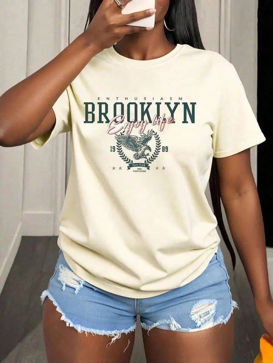 T-shirt da donna slim fit casual a maniche corte, con stampa di lettere, alla moda per l'estate 2026