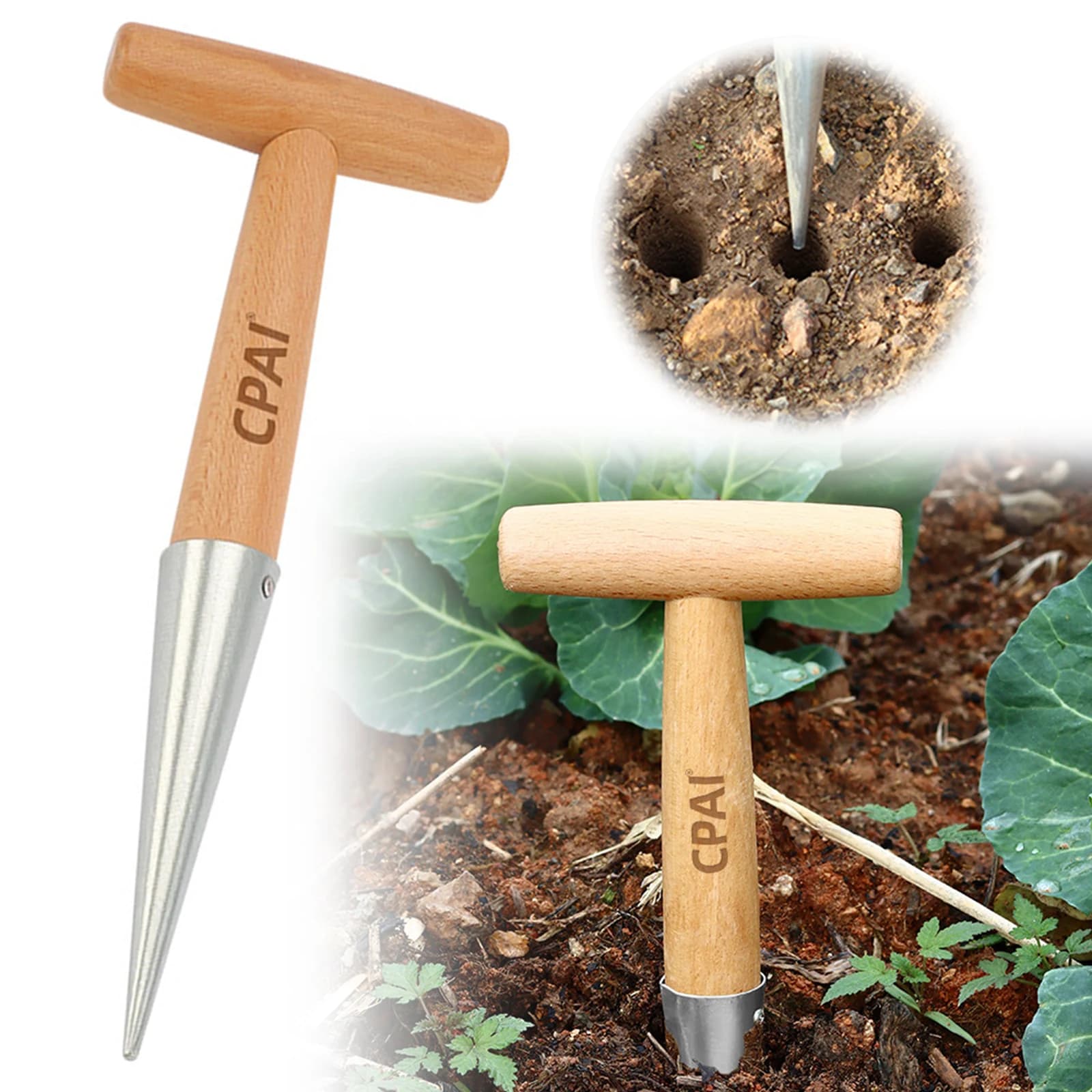 Seed Sower Transplanting Tool with Wooden Handle Handheld Gardening Hole Puncher for All Fruit Tulips Daffodils and Flowers