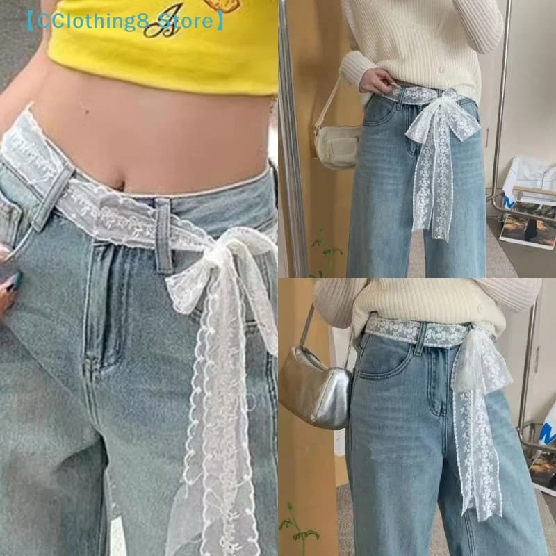 Cintura Lunga in Pizzo Y2K con Fiocco Floreale, Cintura Sottile da Annodare per Vestiti e Jeans, Sciarpa in Pizzo, Accessori per Capelli【AliS8】