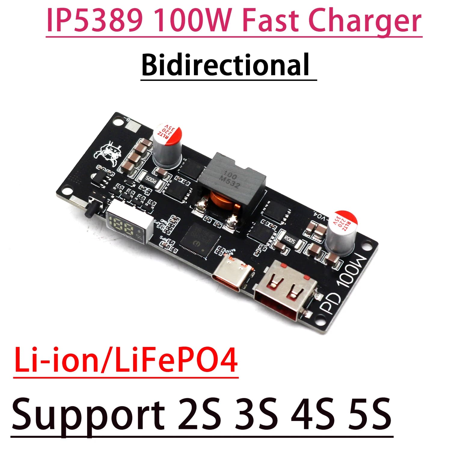 IP5389 100W Bidirectional Fast Charging Power Bank Module 2S 3S 4S 5S battery Charger/Discharger W LED Power display TYPE-C USB