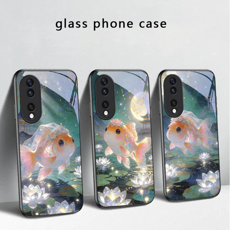 Custodia in vetro per telefono con motivo pesciolino dorato e velo bianco per Honor X5 Plus X30 X9c Smart X5b X9a X30 Max X50i 30 Pro 50 Pro 70 90Smart 200 Lite