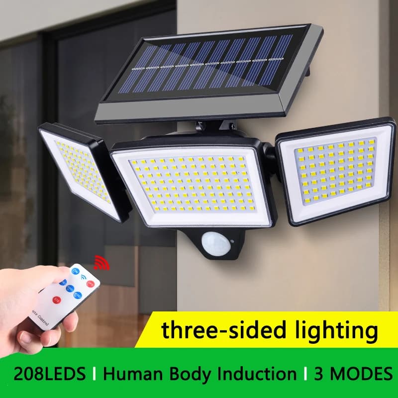 Lampada Solare Impermeabile con Sensore di Movimento, 3 Teste, 208+ LED, Controllo Remoto, Luce di Sicurezza da Parete per Porticati, Cortili e Ingressi