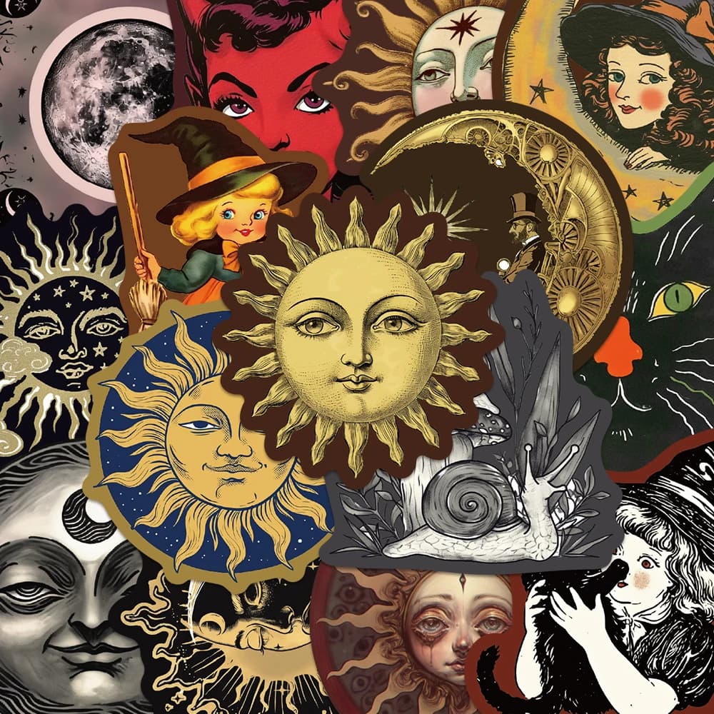 50pcs Occult Celestial Creepy Stickers Cartoon Sun Moon Planet Decal DIY Notebook Suitcase Bottle Skateboard Stickers For Adult