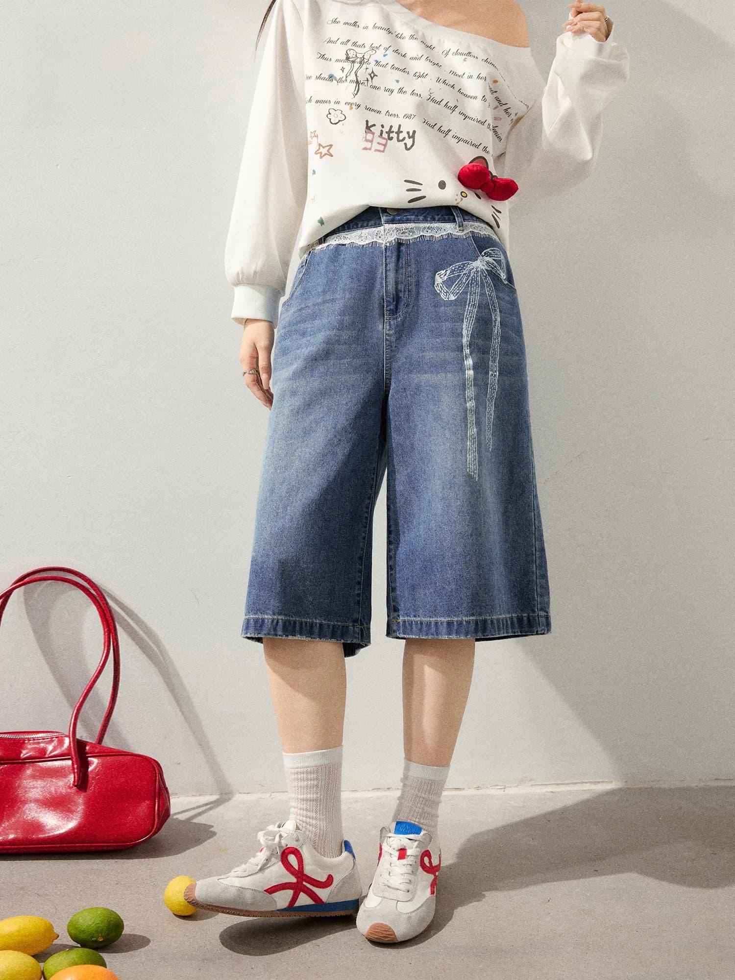 High Waist Wide Leg Jeans Korean Style Slimming Summer Lace Trim plus Size Women's Fashionable Commute Style Casual Outfit