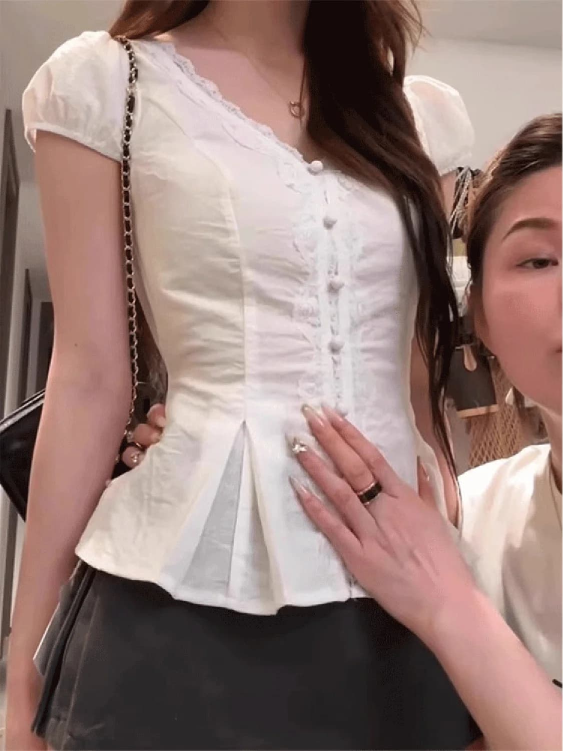Korean Style White Lace V-Neck Short Sleeve Shirt Women's Belted Waist Design Versatile Top Slim Fit Overhead Female Clothing