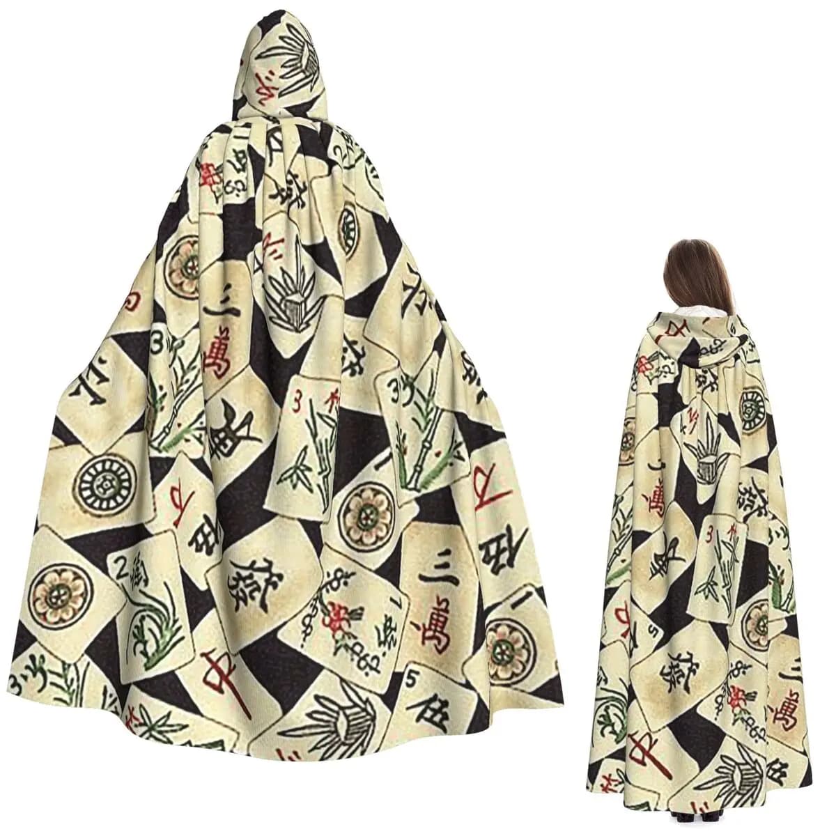 Mahjong Tile Pattern Long Hooded Cloak Witch Medieval Costume Cosplay Cape HalloweenParty Adult Unisex