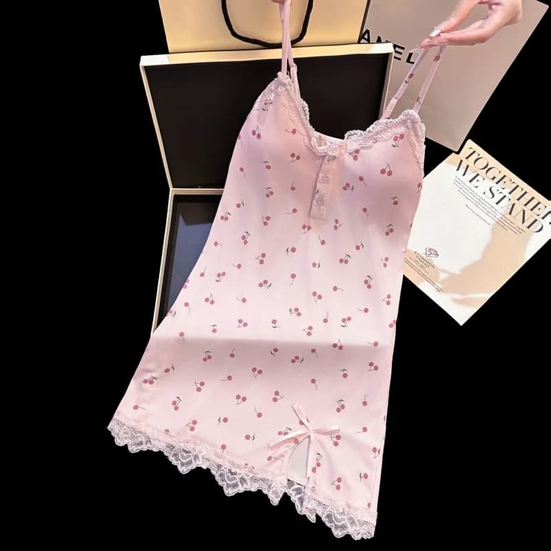 Sexy Cute New Floral Lace Short Split Camisole Night Dress With Built In Chest Pads Women Intimate Sleepwear Home Wear