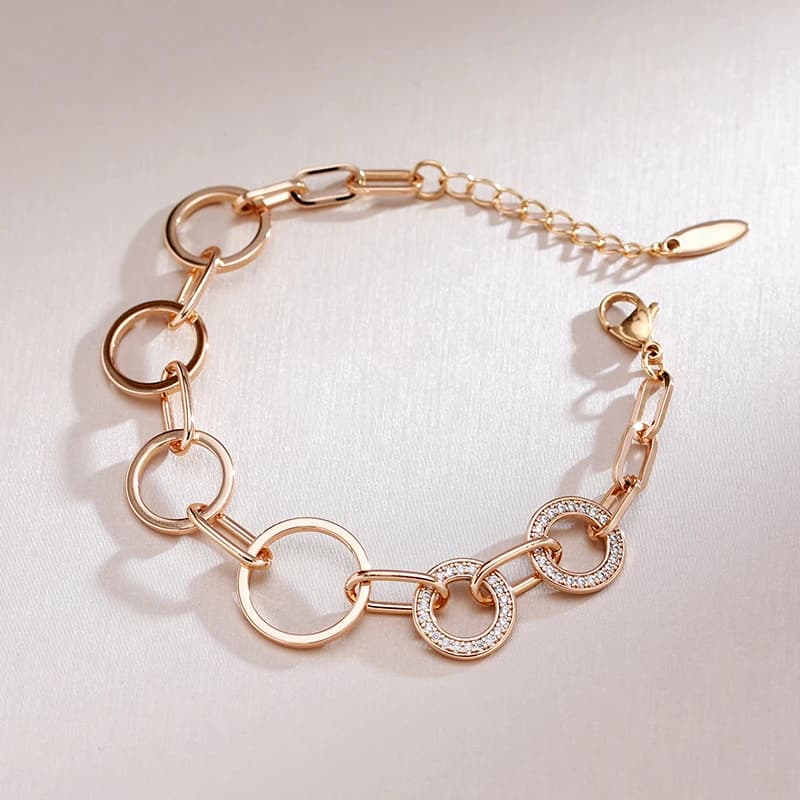 Kinel Fashion 585 Bracciale a maglie con cerchi geometrici in zirconi naturali in oro rosa da donna, regali per feste quotidiane, gioielli da sposa