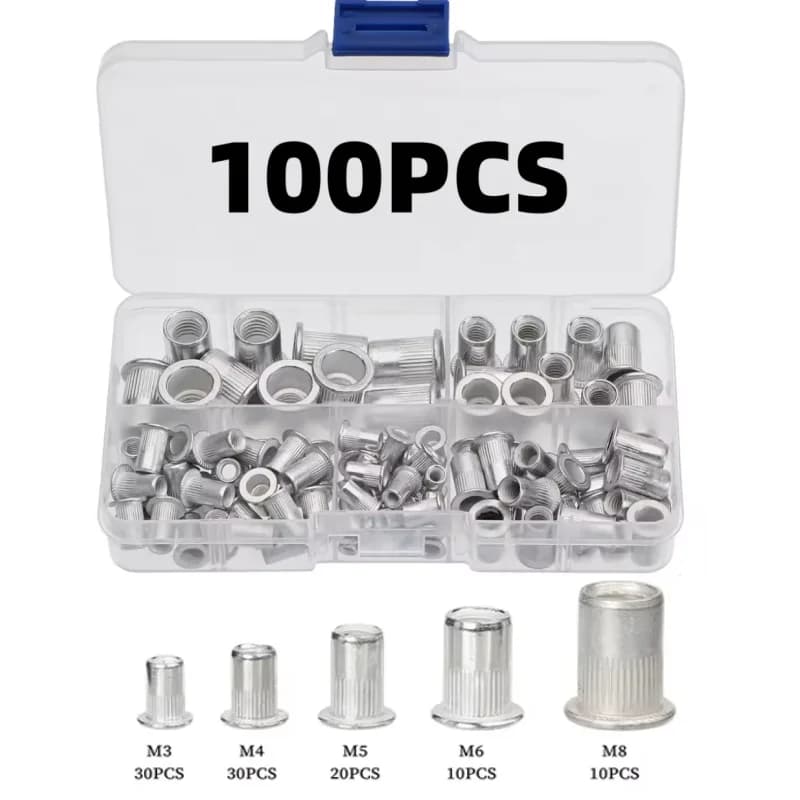 100/190pcs M3 M4 M5 M6 M8 M10 Aluminum Flat Head Rivet Nuts NutsInsert Cap Thread Insert Rivet Nut Tool Set