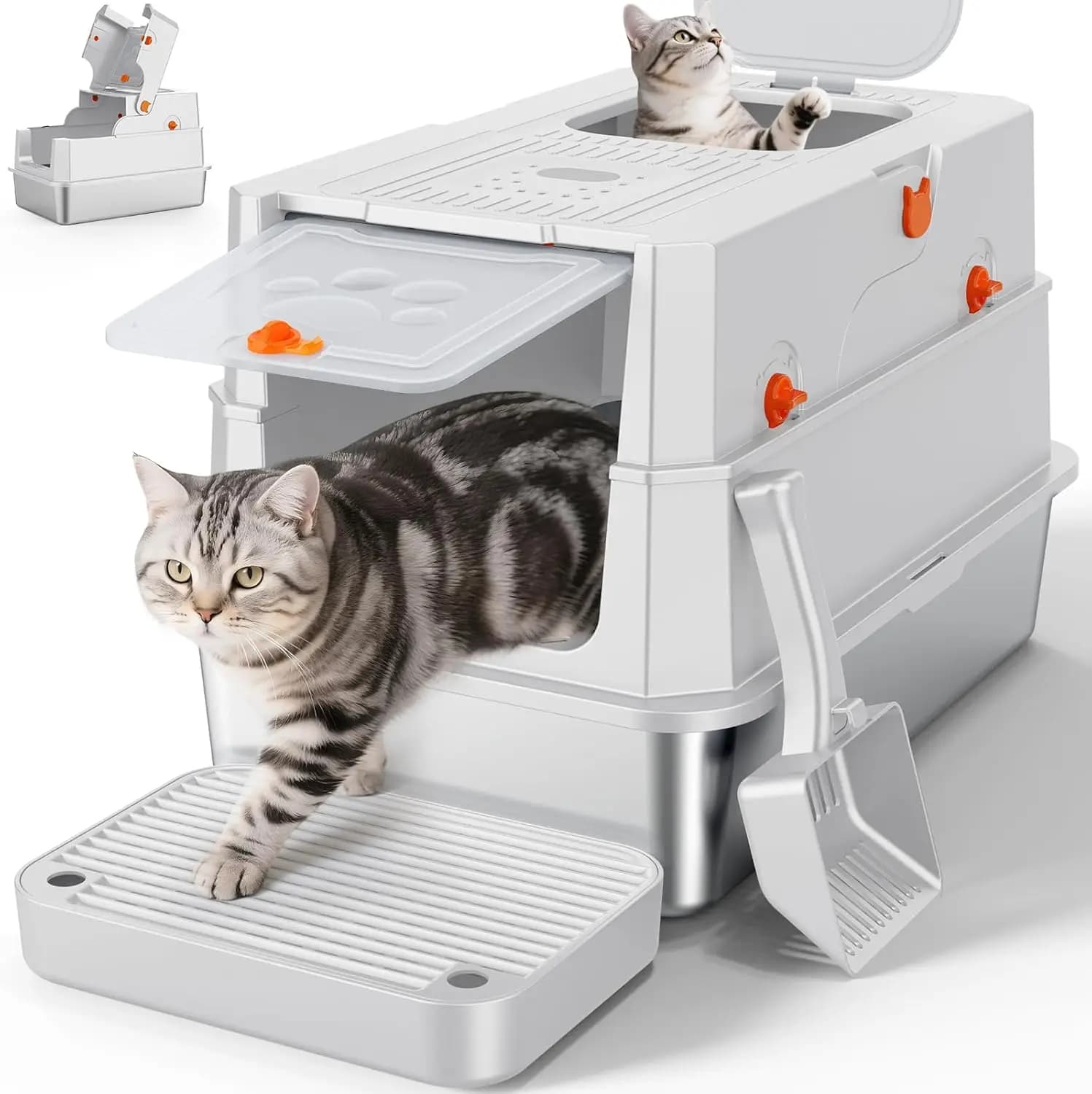 Lettiera per Gatti Extra Large in Acciaio Inossidabile con Coperchio, Box Chiuso in Metallo, Ingresso Frontale e Superiore, Anti-Odore, Anti-Perdita, Argento
