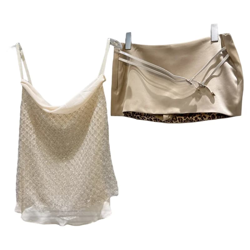 Spring 2026 Women's vest set with strap with sequins and double belts in waist Gonna ortod with Faionable leopard print in two pieces. .