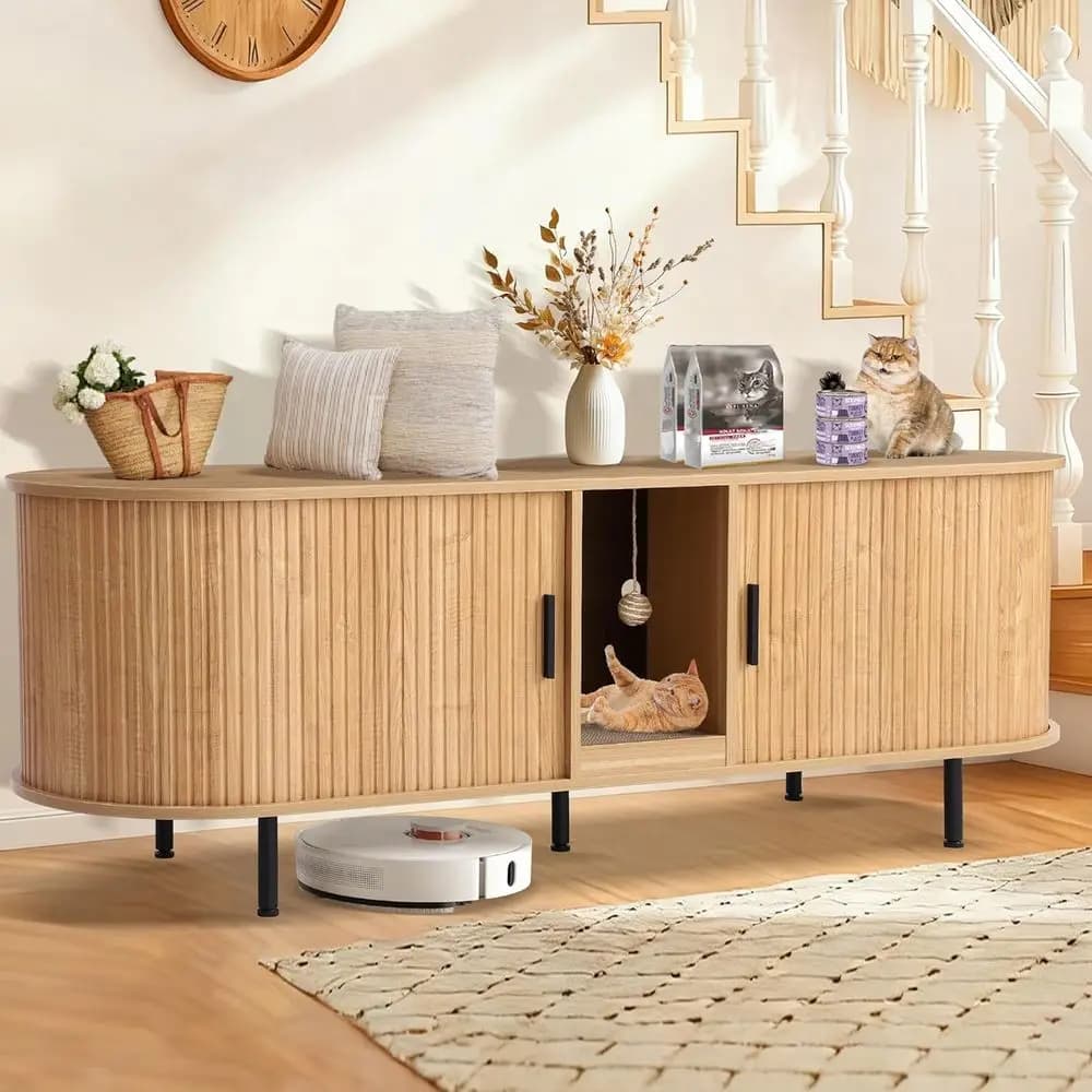 Dual Cat Litter Box Enclosure with Scratching Pad, Sisal Ball, Sliding Door, Large Indoor Cabinet for Living Room, Natural Finis