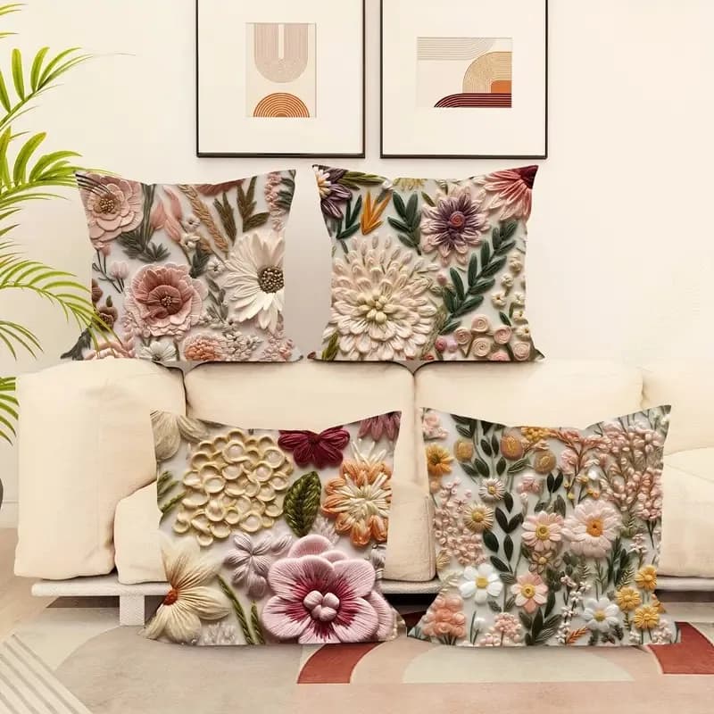 Decorative pillow for the house with 3D floral embroidered pattern, living room sofa, polyester cushion lining with zipper