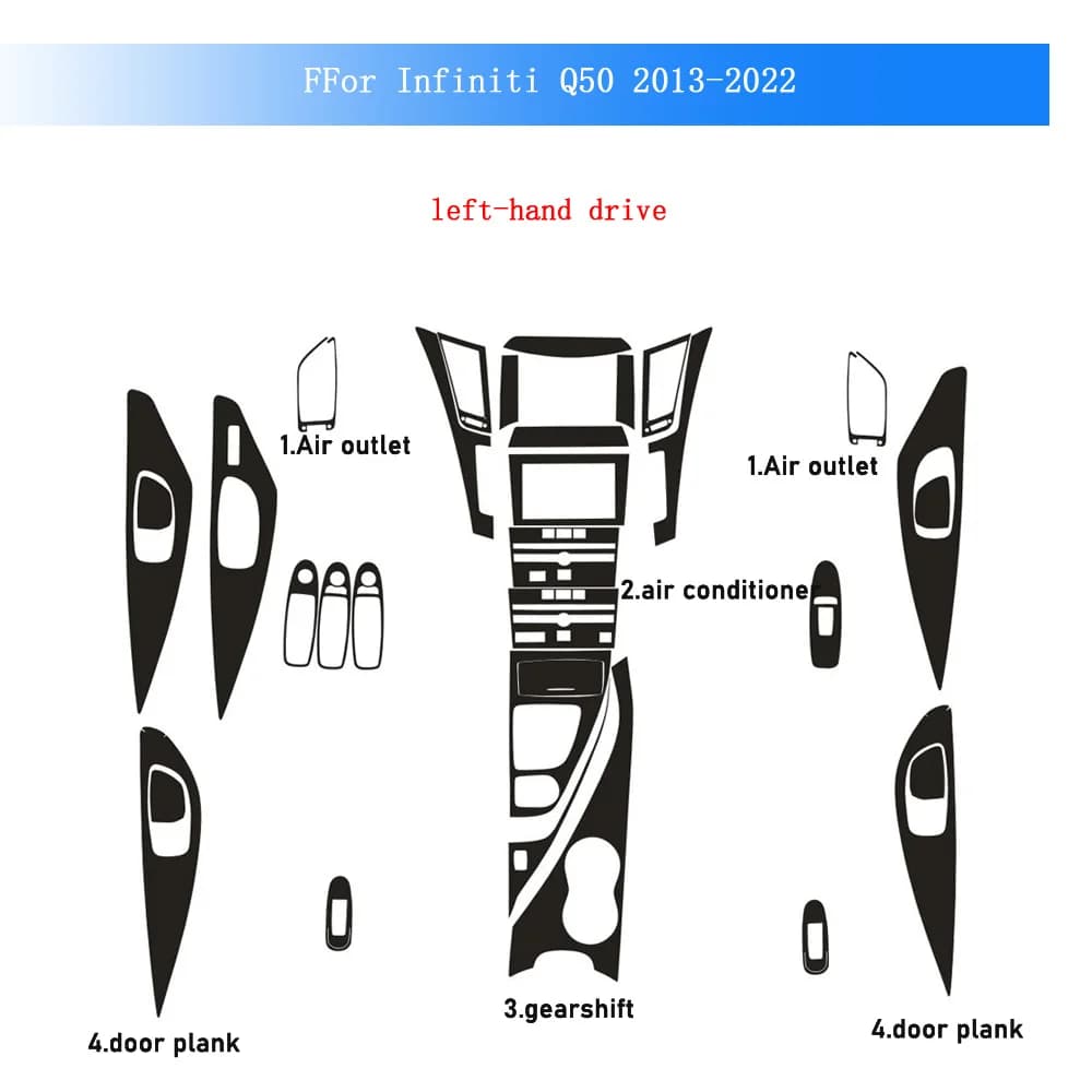 Pellicola in Fibra di Carbonio per BMW Infiniti Q50 2013-2022, Adesivo Interno per Console Centrale, Cambio, Cruscotto, Maniglie Porte, Pannello di Sollevamento