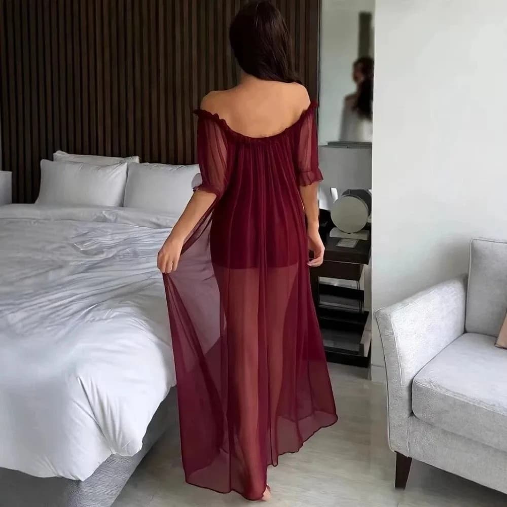 Breathable Off Shoulder Sheer Nightgown V-neck Ruffle Ladies' Nightwear Transparent Short Sleeve Long Sleeping Dress Lounge