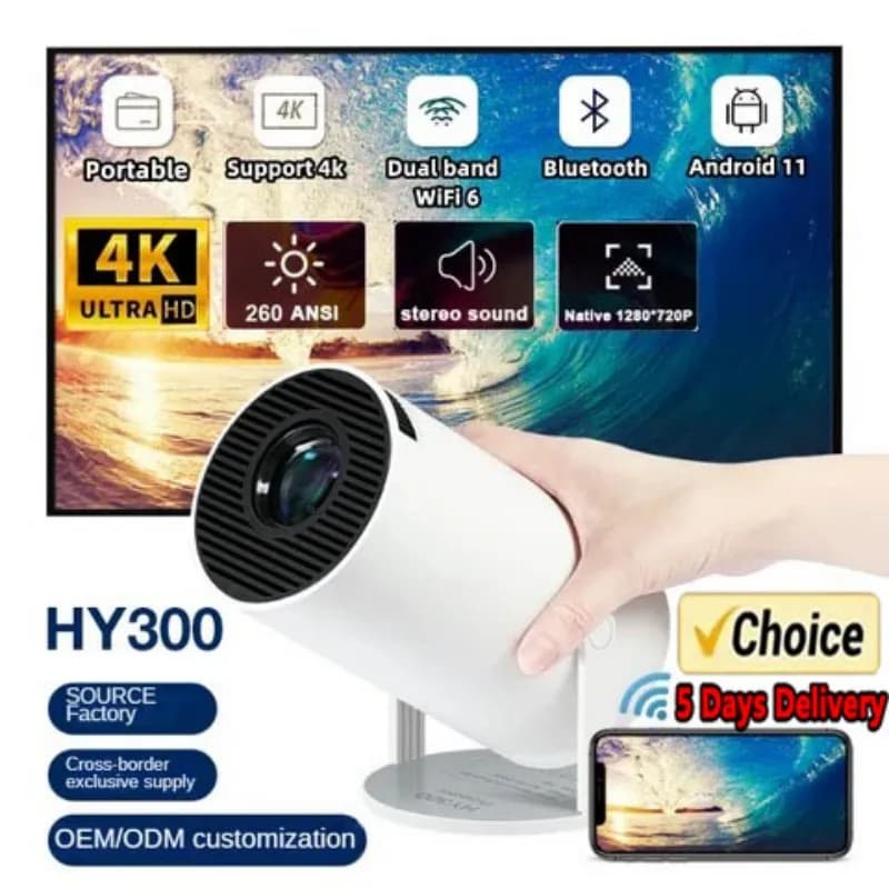 Proiettore Portatile da Esterno HY300 4K WiFi 1080P 1280x720P HD, Nuovo Modello 2026 per Home Cinema, Video, Film, Proiezione LED per Videogiochi