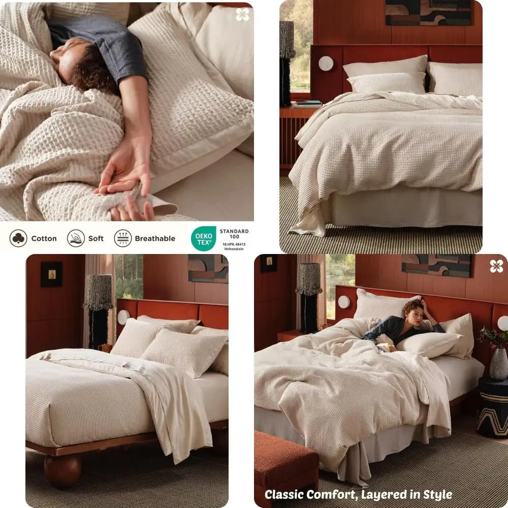 Set Copripiumino Beige in 100% Cotone a Trama Wale - Biancheria da Letto Traspirante Cal King, 3 Pezzi, 104x98