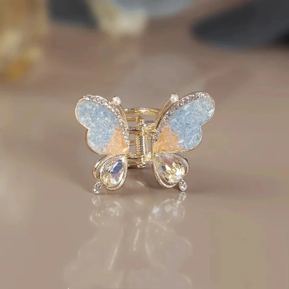 Gold Tone Alloy Butterfly Hair Claw Clip with Druzy Effect Resin Wings and Metal Core Simulated Pearls